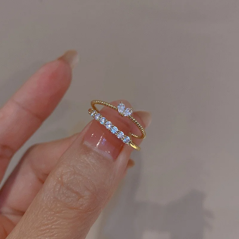 New Luxury Zircon Heart Rings for Women Fashion Korean Opening Adjustable Rhinestone Ring Wedding Jewelry Girlfriend Gifts 2024