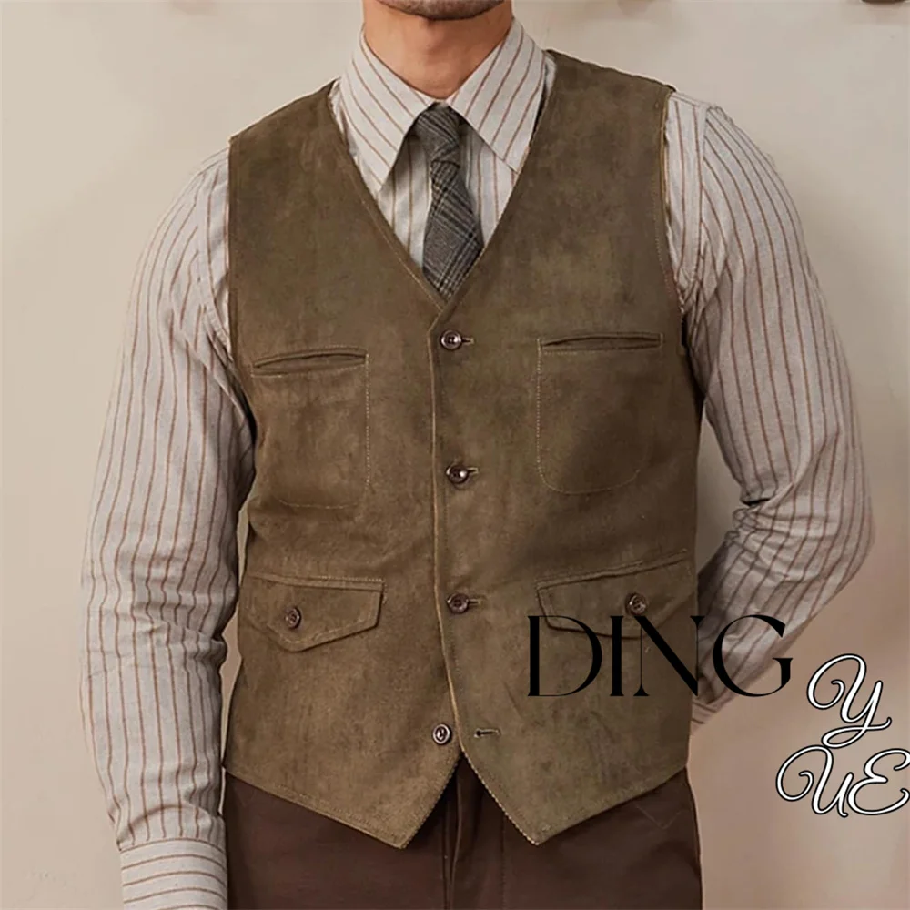 Mens Suede Leather Suit Vest Western Cowboy Casual Single Breasted Punk Style Waistcoat