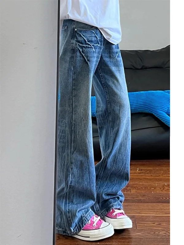 

American Retro Lightning Blue Crack Wide Leg Jeans Women's Spring Autumn New Loose Slimming Draping Floor-Length Pants