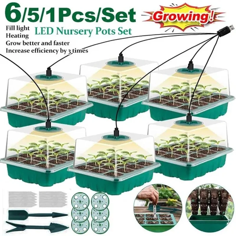 New Plant Trays Greenhouse Growing Lamp LED Light Nursery Pots Growing Cells Humidity Box Adjustable Greenhouse Germination Kit