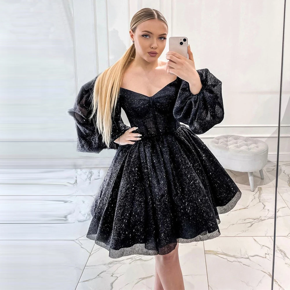 Glitter Zwarte Korte Prom Dresses Puff Lange Mouwen Sweetheart 16 Zoete Meisjes Cocktail Party Dress Sparkly Robe De Soiree