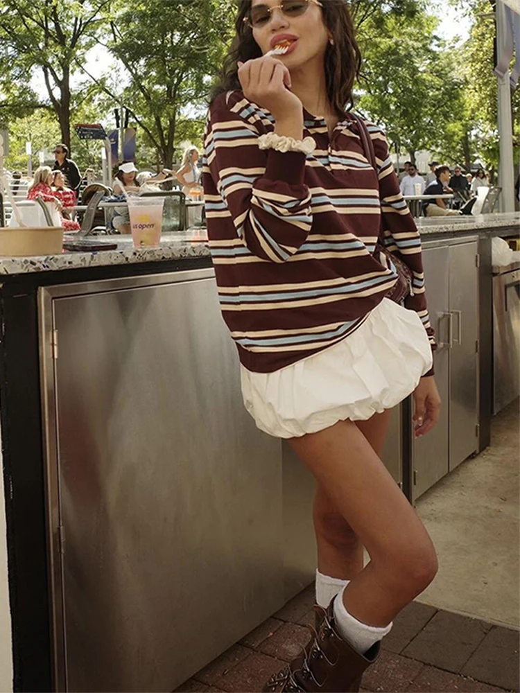 

Fashion Striped Casual Loose Women's T-shirt Turndown Collar Long Sleeve Pullover Tops Women New Retro Spring Tops T-shirts