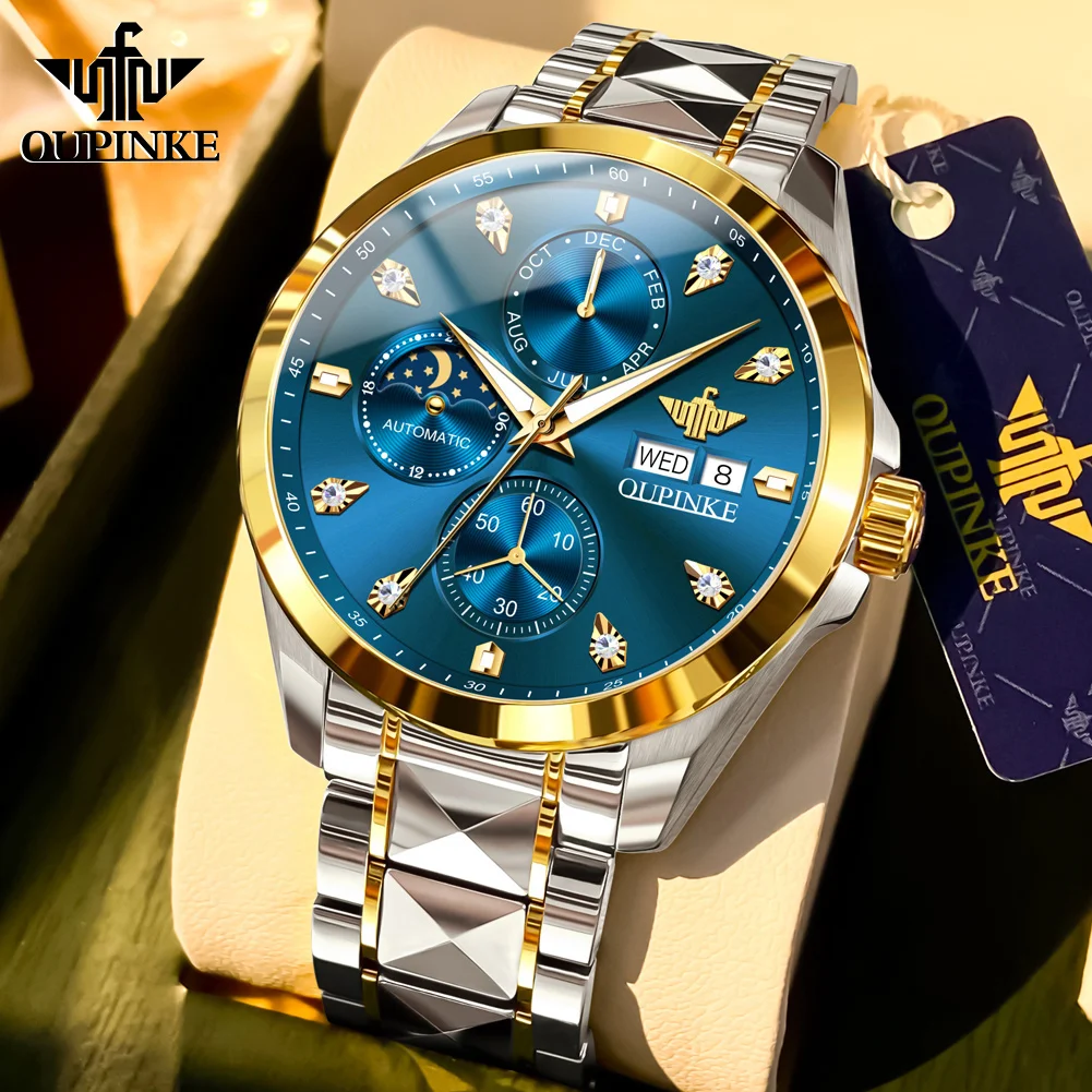 OUPINKE 3298 Moon Phase Watch Man Multi functional Calendar Diamond Dial Stainless steel Automatic Mechanical Wristwatch for Men