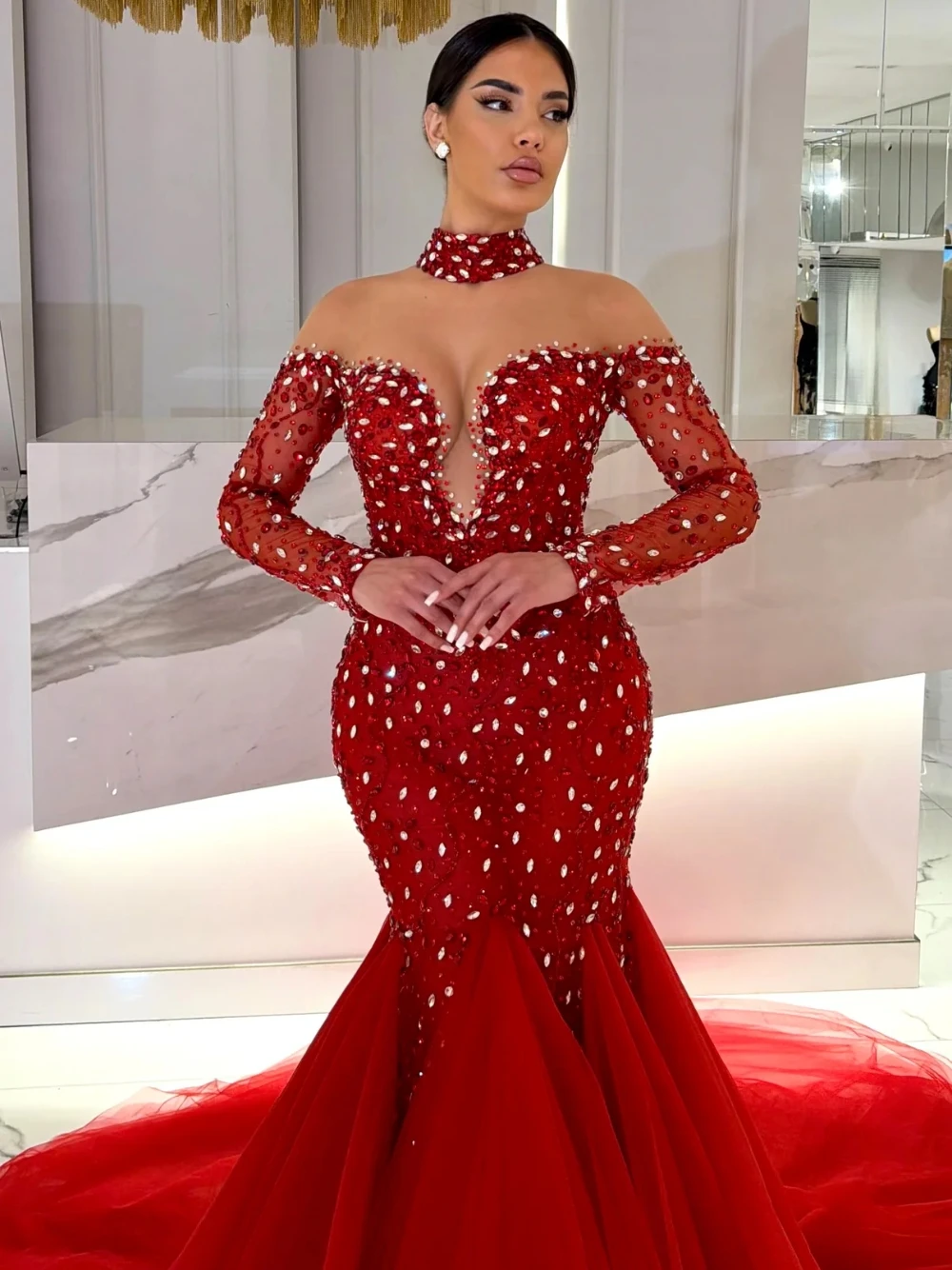 Richly Red Rhinestones Evening Dress Elegant Tulle Mermaid Customized Prom Gown Formal Events Women Delicate Galas Party Wear
