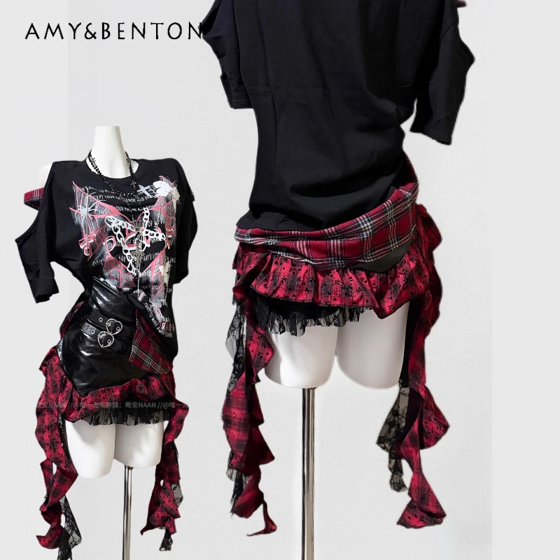 

Japanese Subculture Punk Dark Off-Shoulder Short Sleeve Women's T-Shirt Autumn New Plaid Splicing Irregular Skirt Set Ladies