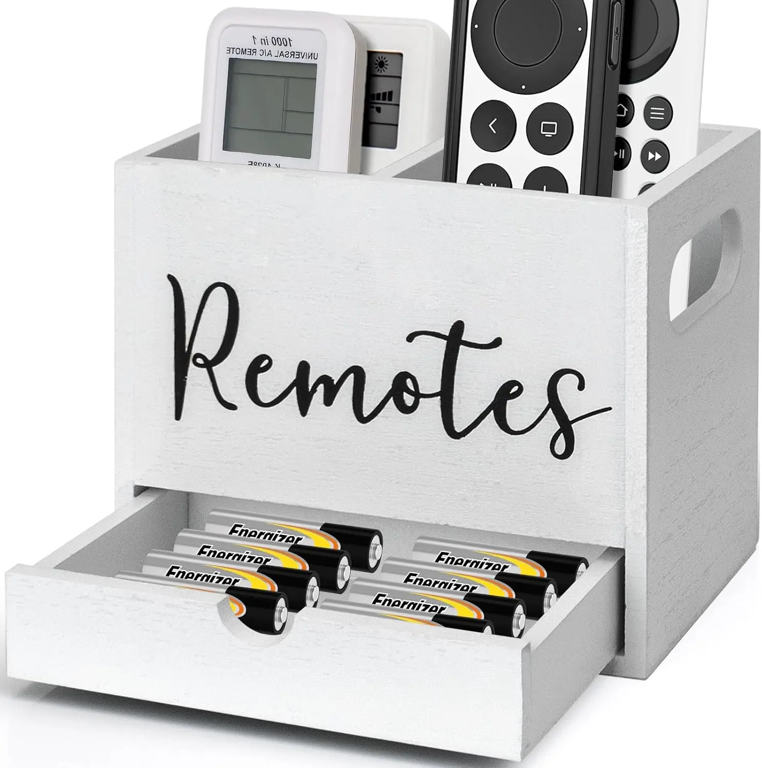 

Деревянный органайзер для пультов с 2 отделениями и выдвижными ящиками для телевизора, стола, прикроватной тумбочки, белый
