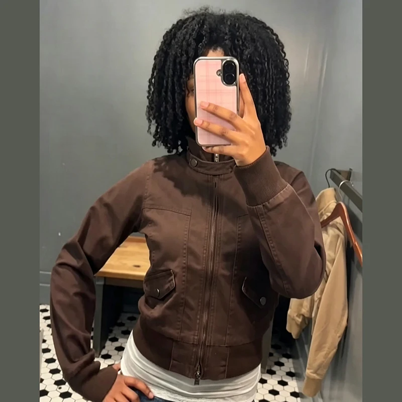 Women Street Style Cropped Cargo Outerwear Stand Collar Long Sleeve Full Zip Flap Pockets Vintage Washed Daily Commuter Jacket