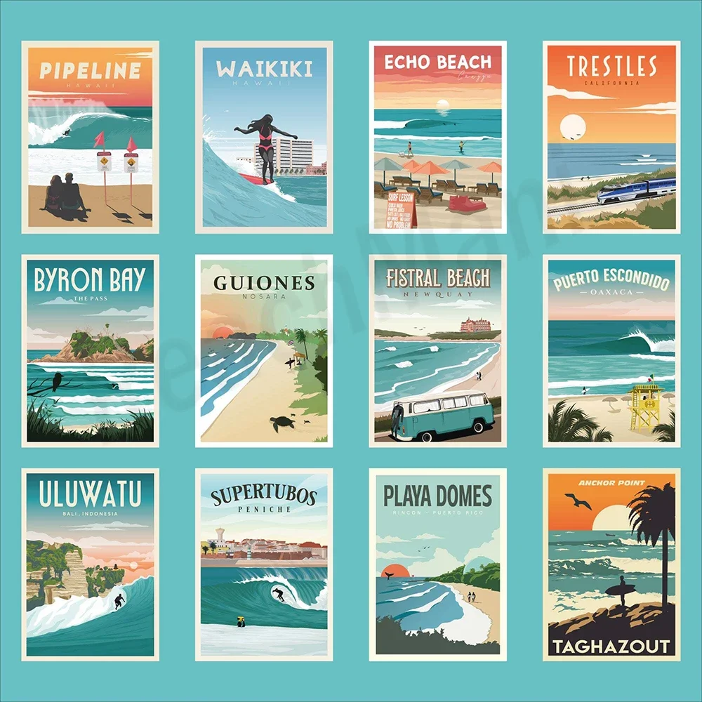 Portugal, Bali, California trestle beach, Hawaii, Lennox point surf travel poster, argan tree, ocean, Canggu poster, echo beach,