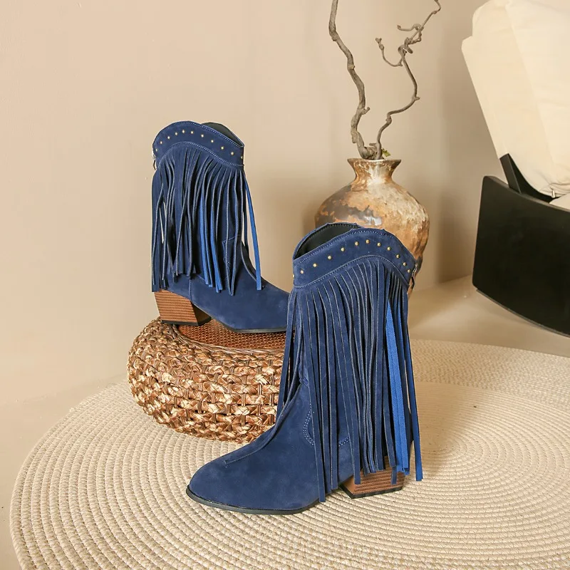 

Винтажные джинсовые ботильоны в стиле вестерн, 2025 г., замшевые туфли больших размеров с острым носком и молнией сзади для женщин