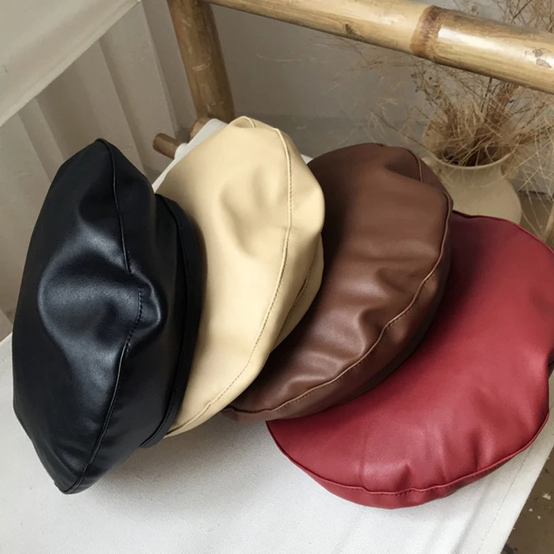 Women Girl Beret Hat French Retro Artist Beanie Hat Elegant Solid Color PU Leather Lady Painter Cap Spring Autumn Lady Berets