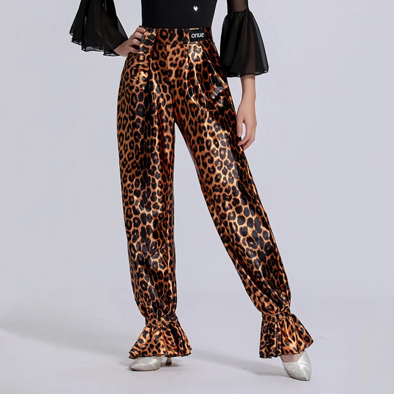 Ballroom Dance Clothes Women Standard Modern Dancing Outfit Flared Sleeve Black Dance Leotard Leopard Print Practice Pants 2693