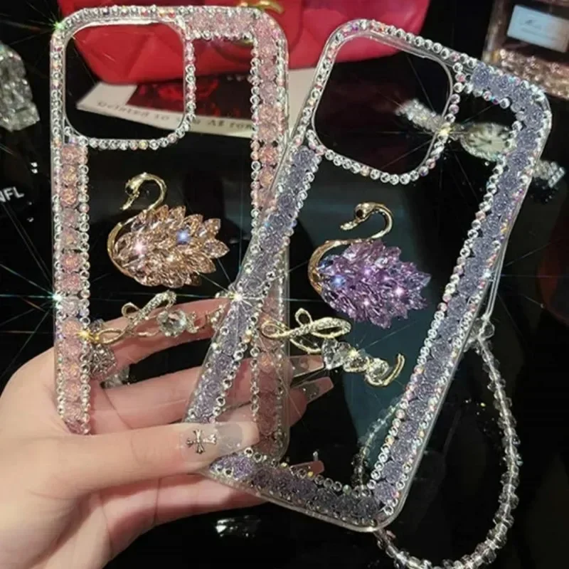 Luxury Jewelled Crystal Swan Phone Cover with Glitter and Chain Strap for Apple iPhone 16 12 13 14 15 Plus Pro Max