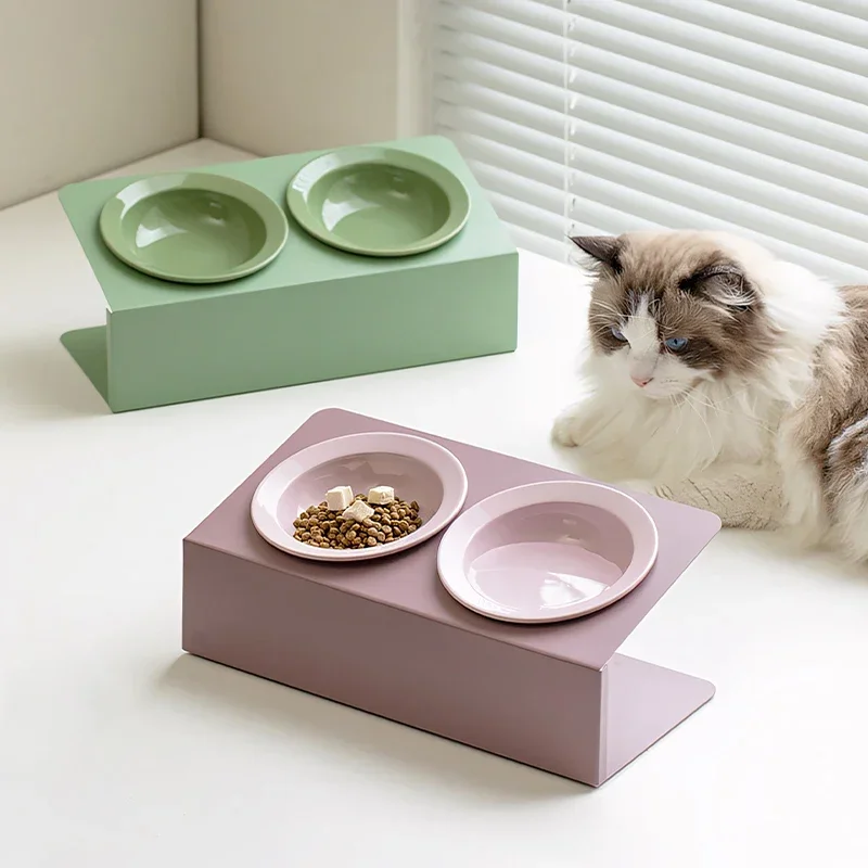 

Pretty ceramic iron shelf tableware set Puppy double food bowl small dog water bowl stand Kitty Cat pink feeder Pet supplies