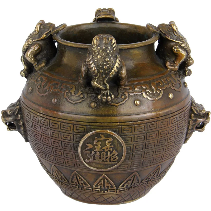 Antique-style brass square treasure bowl ornament  Golden Toad Jar Home Brass Decoration