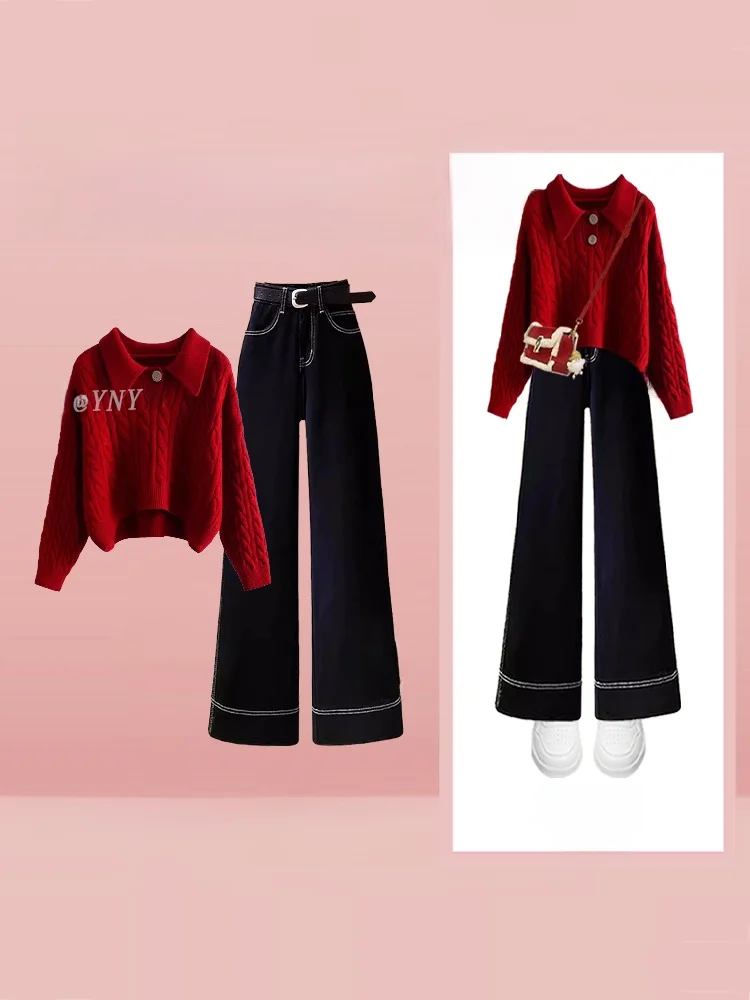 

Red Knitted Sweater And High Waist Wide Leg Jeans Two Piece Set for plus Size Women Autumn Winter Korean Sle Faion Ensemble