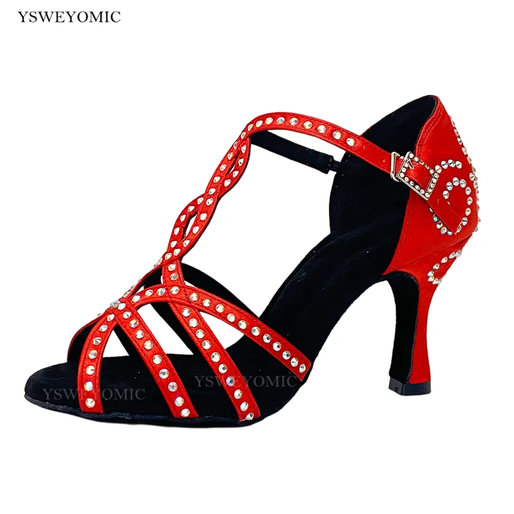 Indoor Dancing Shoes In High Heel 7.5cm Customized Color Red Black Tan Satin With Crystal Women Latin Salsa Dance Party Shoes