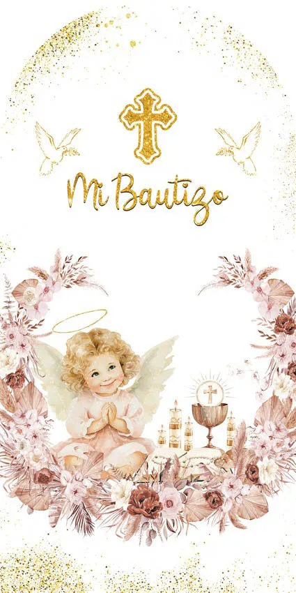 Mehofond Mi Bautizo قوس خلفية غطاء الذهب الصليب Mi Primera بالتواصل المعمودية صبي فتاة حمامة الوردية ديكور 2-الجانب فوتوزون