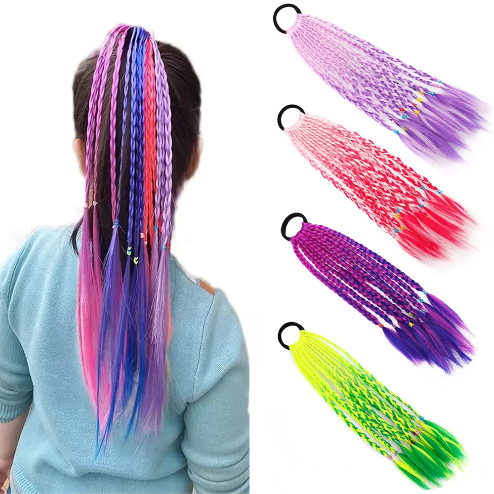 Girls Rubber Bands Hair Extension for Kids Colorful Braided Ponytail Rainbow Hair Accessories 14 Inch Synthetic Hairpieces