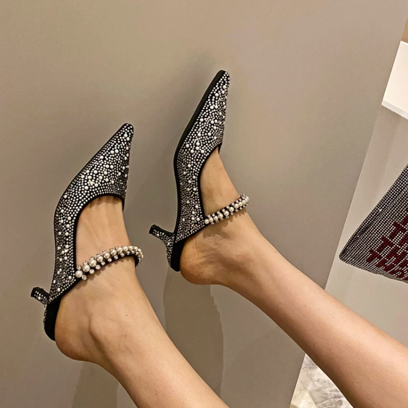 Rhinestone Luxury Sandals Women Pointed Toe High Heels Flip-flops Female Shiny Designer Slipper Women Fashion Mule Pumps Women