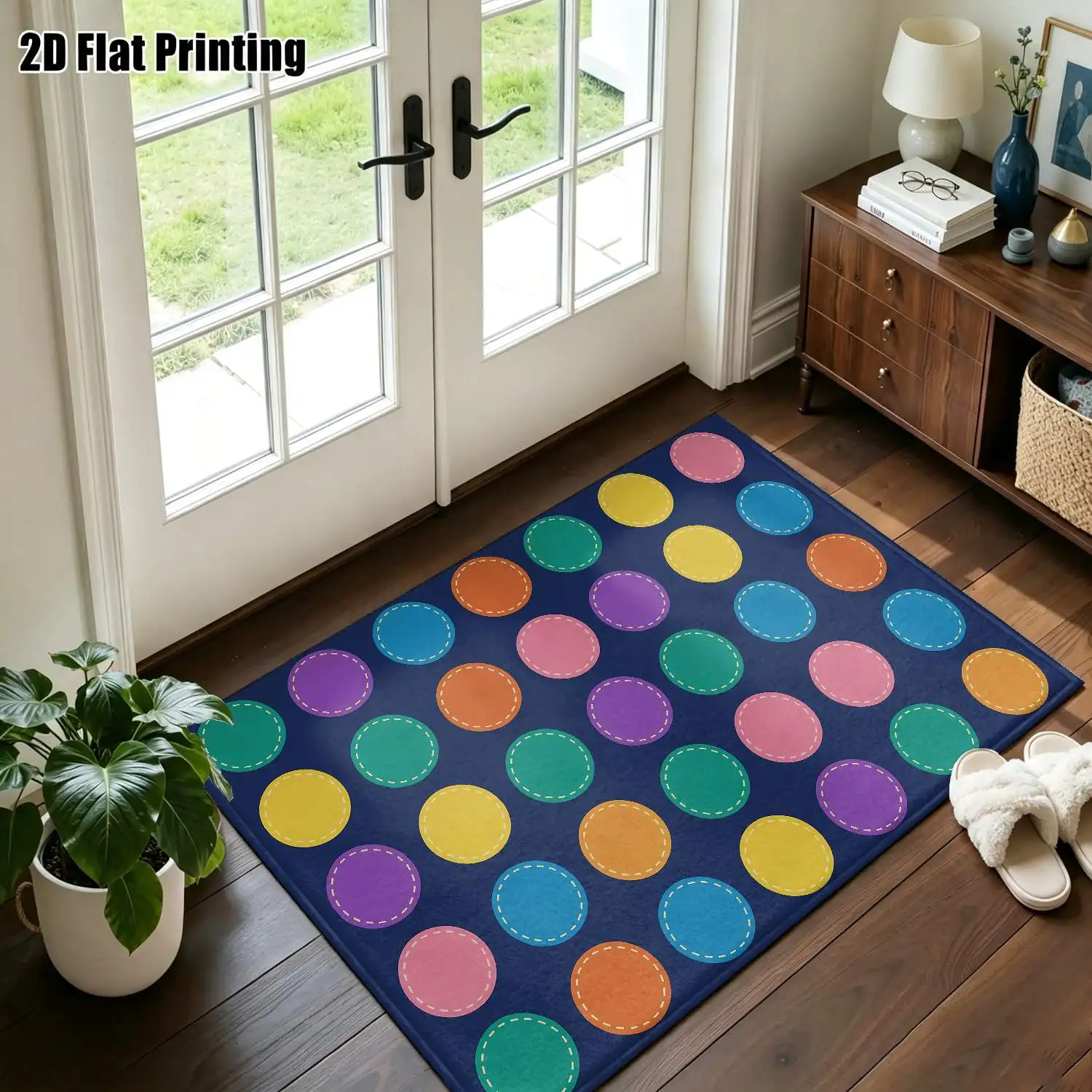 1Pc 2D Printed Colorful Round Polka Dot Nordic/Instagram Style Modern Minimalist Geometric Carpet, Home Decor Floor Mat, Multi-Size, Machine Washable, Suitable for Entrance, Living Room, Bedroom, Dining Room, Foyer