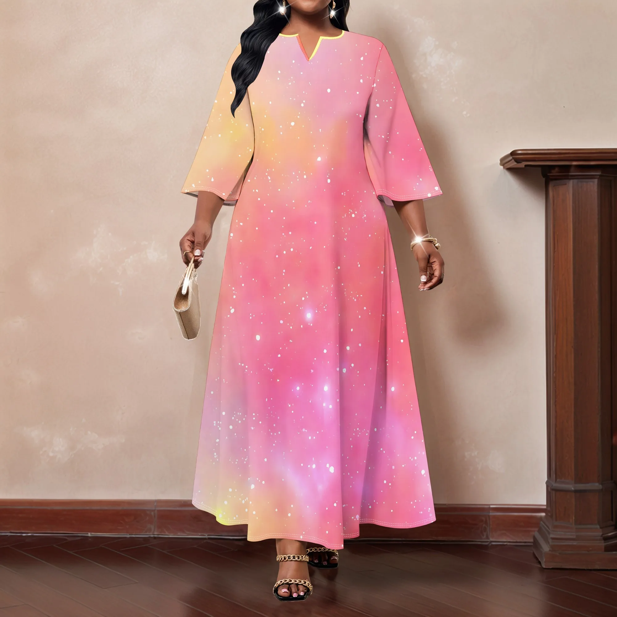 

Женское платье больших размеров средней длины с рукавами, модный маленький V-образный вырез с принтом, домашнее повседневное платье