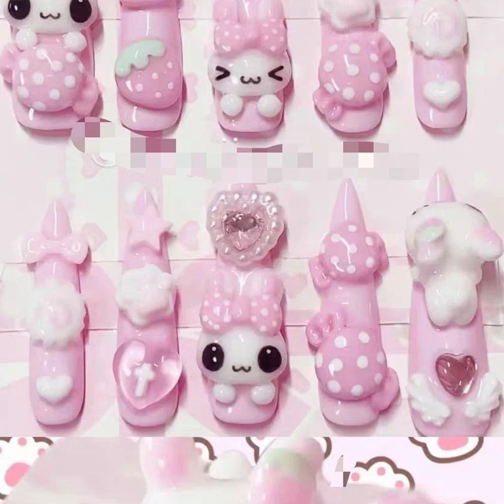 Niedliche Retro Japanische Rilakkuma Rosa Kaninchen Mandel Künstliche Nägel 3D Schleife Stern Katzenpfote Erdbeere Aufklebenägel Handaccessoires – Detail 5