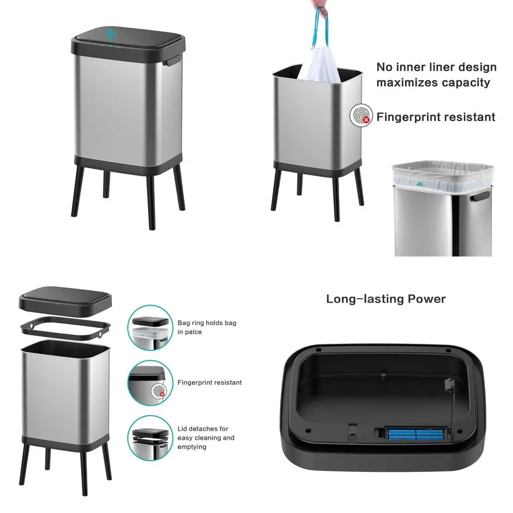 

Automatic Touchless Sensor Stainless Steel Trash Can, 10.5 Gal Capacity, Wide Rectangular Design with Brushed Finish, Raised Leg