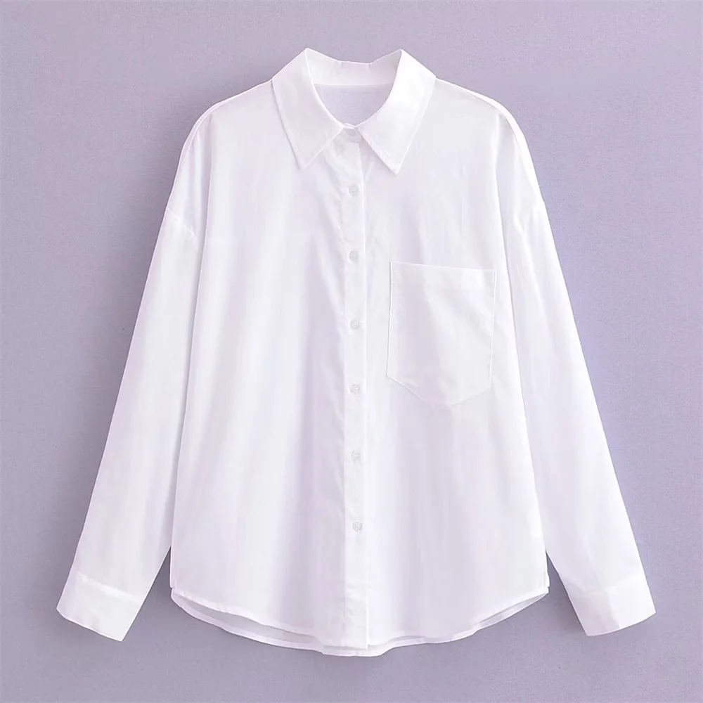 2024ZAR * Spring/Summer New Women\'s Pocket Decoration White Loose Slimming Basic Long sleeved Pure Linen Shirt