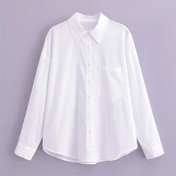 2024ZAR * Spring/Summer New Women's Pocket Decoration White Loose Slimming Basic Long sleeved Pure Linen Shirt