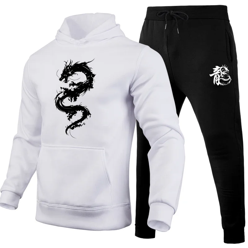 Running Mens Tracksuit Print Casual Hooded Sweatshirts 2 Pcs Set Outdoors Sports Jogging Mens Clothing Fashion Street Sportswear