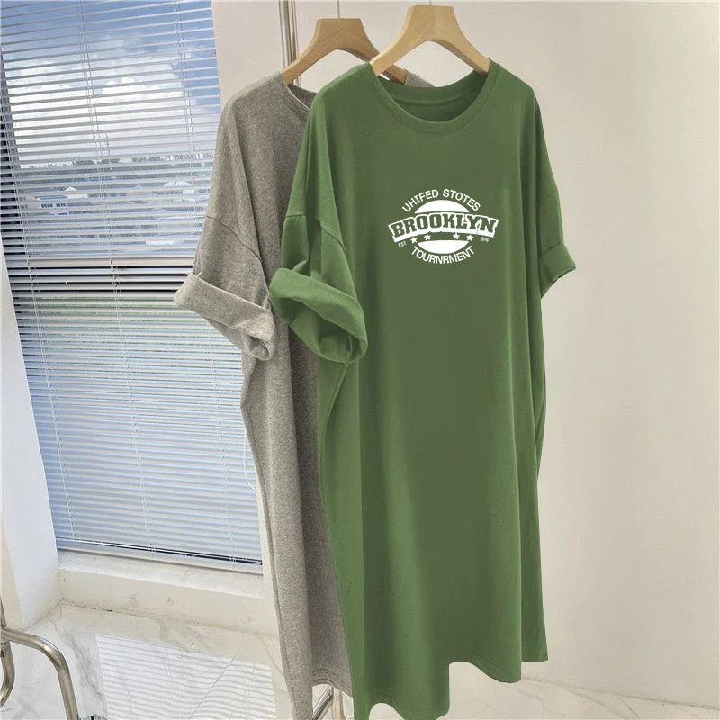 Women Clothing Y2k Letter Printed Dresses, Summer Vintage O-neck Basic Dress, Loose Casual Short Sleeve Knee Length Tunic