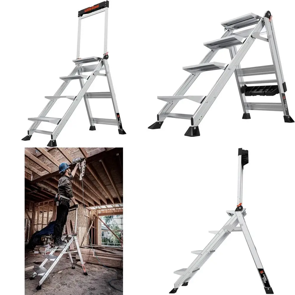 Escada dobrável de aço com dois grandes degraus antiderrapantes, barra de alta segurança e bandeja de armazenamento