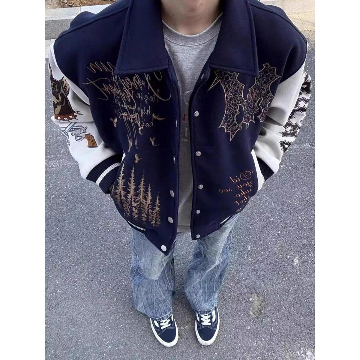 

American Sle fiti Embroidered Baseball Jaet Men's Loose Thiened Autumn Winter Faion Brand Couple's Outerwear