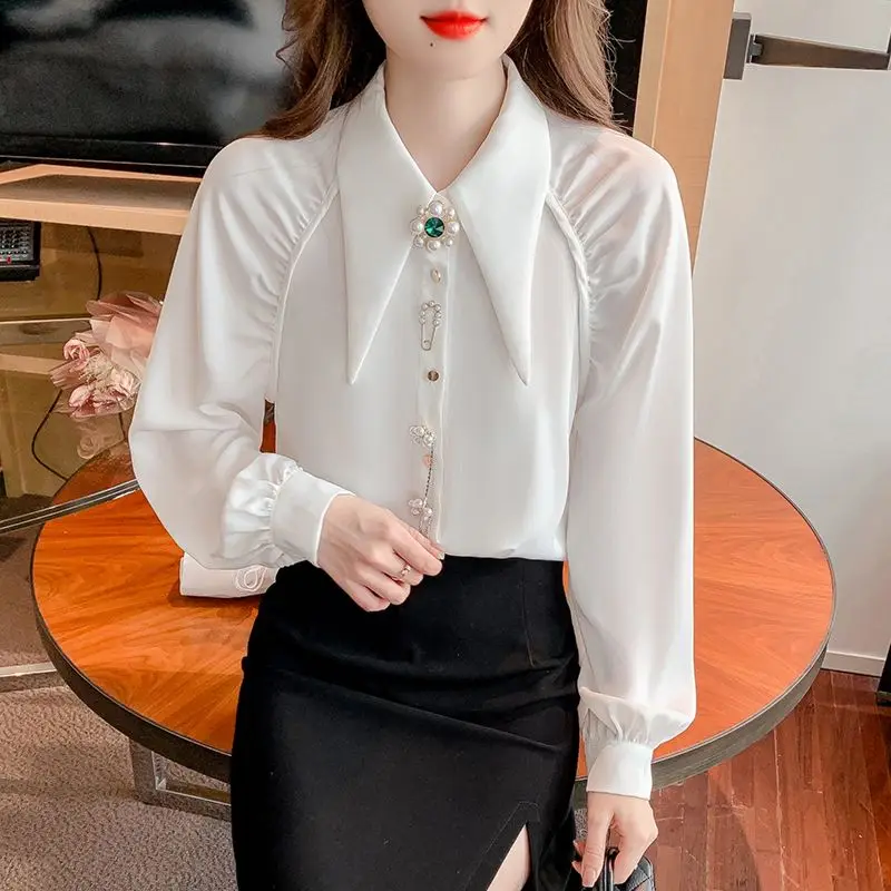 Spring Autumn Commute Elegant Lapel Shirt Women\'s Clothing Solid Color Fashion Beading Diamonds Korean Single-breasted Blouse