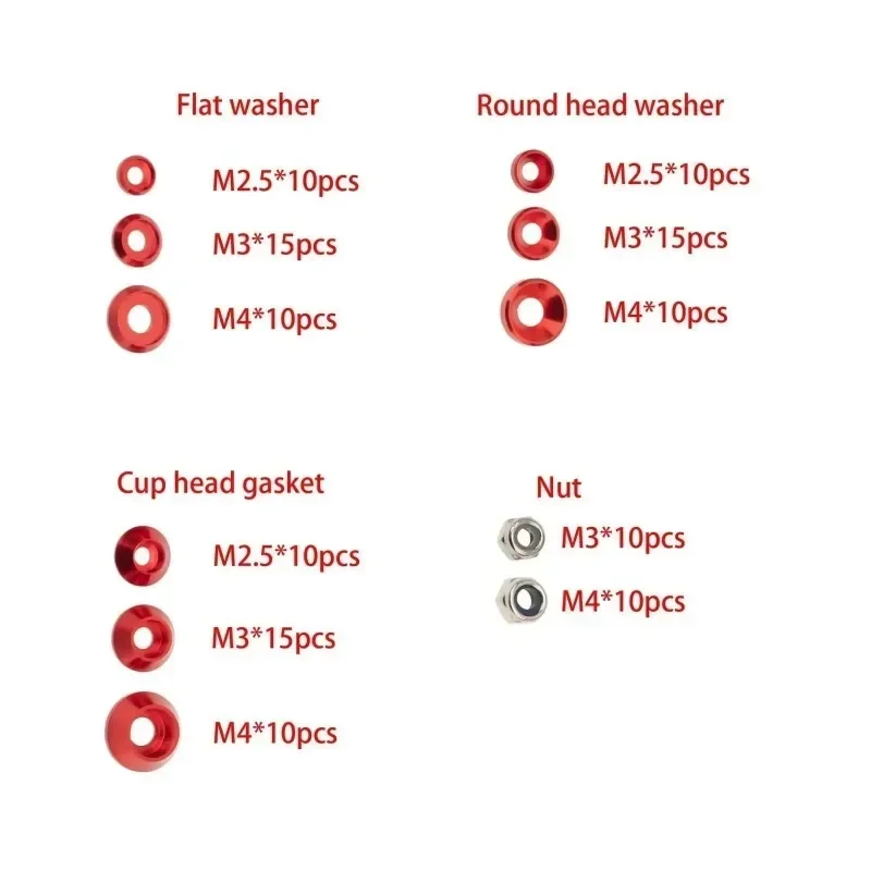 125 buah/kotak aluminium Aloi kepala bulat kepala bulat M2.5 M3 M4 Set mur Gasket sekrup untuk 1/10 1/8 semua Model aksesoris mobil RC