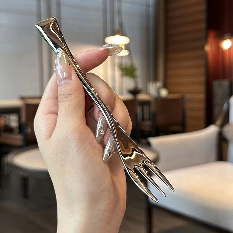 Set garpu meja makan malam Stainless Steel, alat makan Korea empat Tine Salad makanan penutup buah garpu dapur