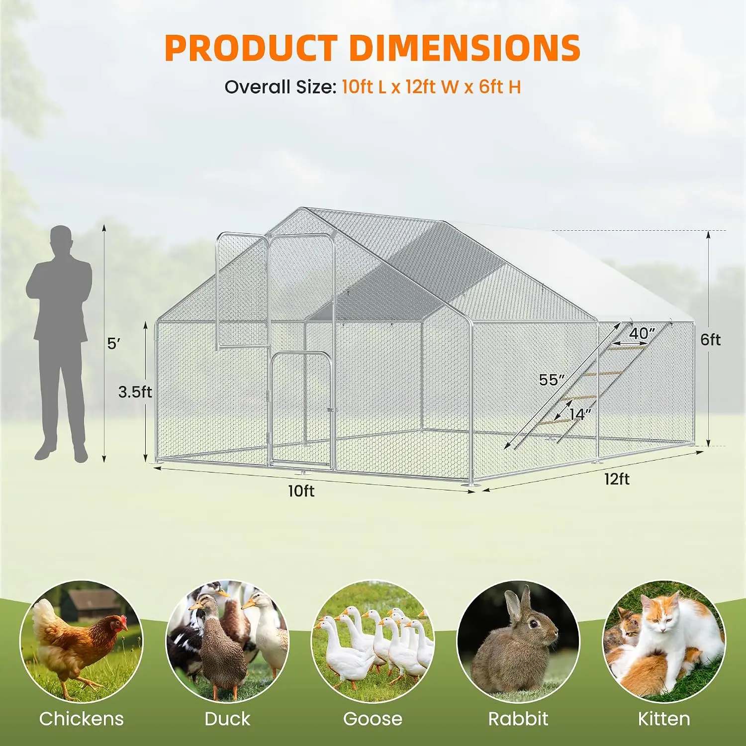 Large Chicken Coop for 20 Chickens, Walk-in Run with Cover, Outdoor Metal Portable Cage for Small Animals Bird Duck Rabbit Hen,