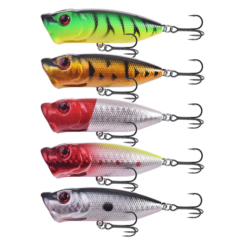 

5pcs Popper Fishing Lure Set Mixing Colors Hard Bait Artificial Topwater Bass Trout Wobbler Fishing Tackle with 2 Treble Hooks