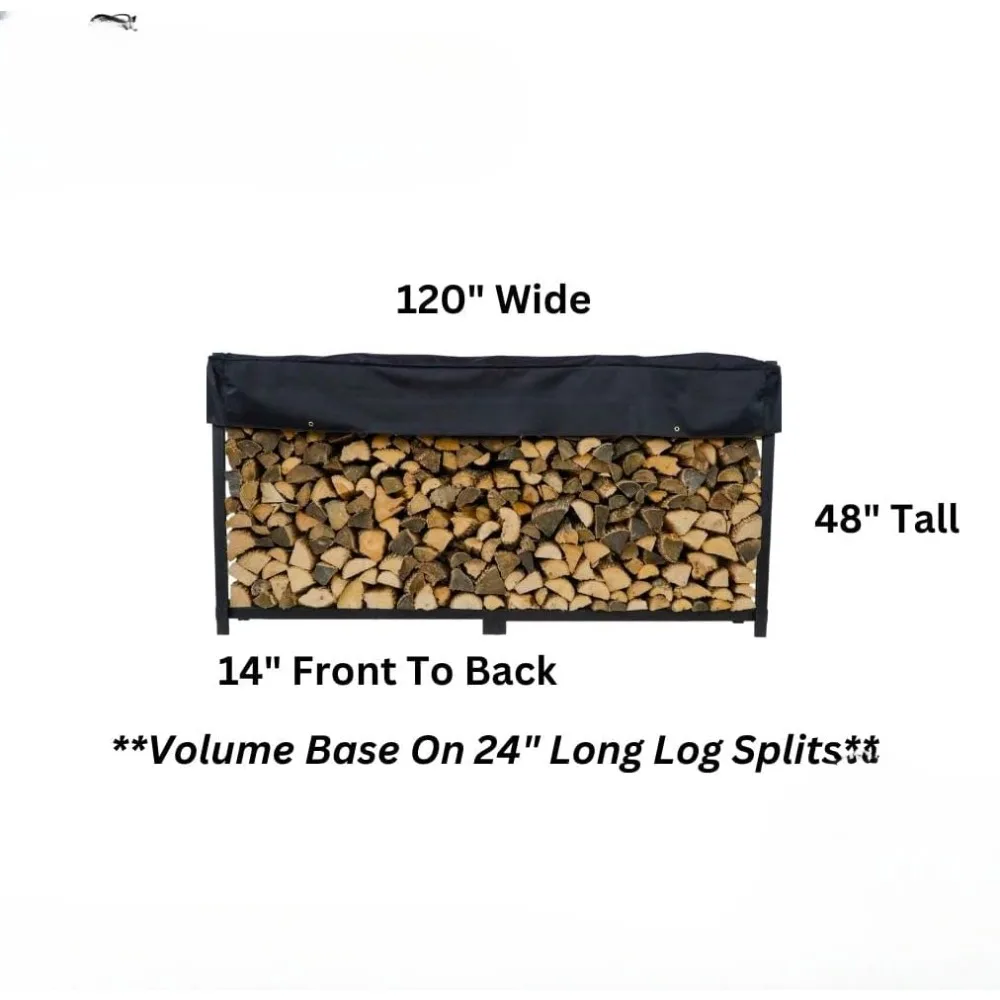 10 Foot Black Firewood Log Rack With Optional Seasoning Cover - Made In The USA - Lifetime Structural Warranty