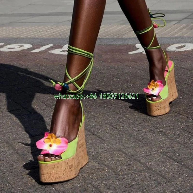 Round Toe Wedge Heel Flower Decoration Cross Strap Sandals Thick Bottom Peep-Toe Women's High Heels