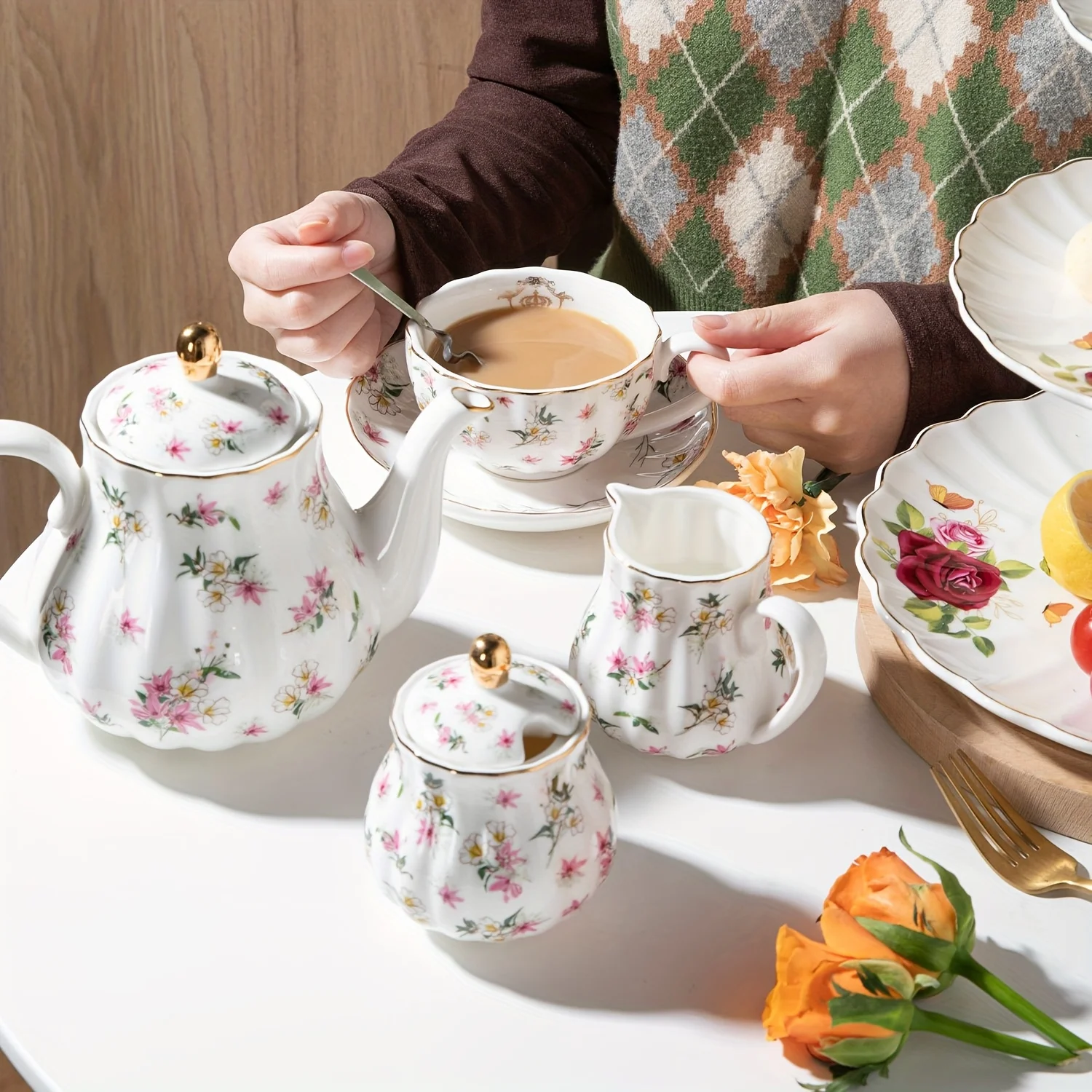 

Porcelain Tea Sets British Royal Series, 8 OZ Cups Service for 6,With Teapot Sugar Bowl Cream Pitcher Teaspoons and Tea Strainer