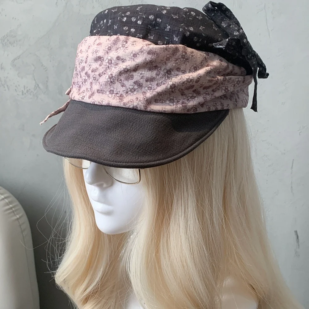 Korean Vintage Floral Patchwork Newsboy Cap Women Soft Layered Bow Tie Peaked Hat Retro Subcultural Streets Aesthetic Bucket Hat