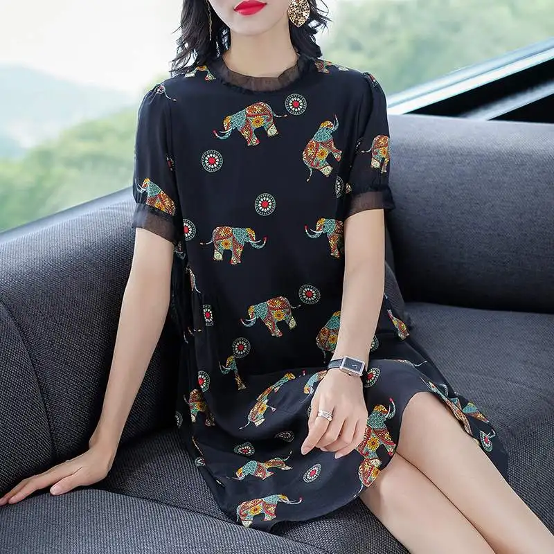 

Summer New Print Loose Slimming Dr ort Sve Silk A-Line Skirt Basic Sle round Neline Comfortable Commute Faion