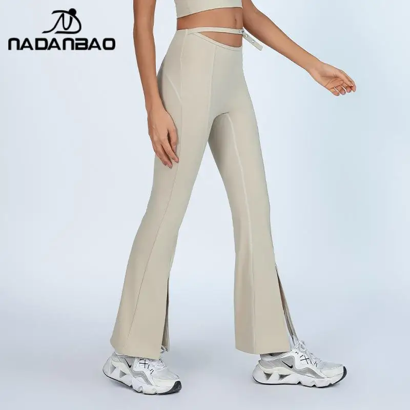 Nadanbao Fashion Women Yoga Flared Pants High Waist Hip-Lifting Trousers Buckle Slit Elastic Bottoms Fitness Training Sportswear