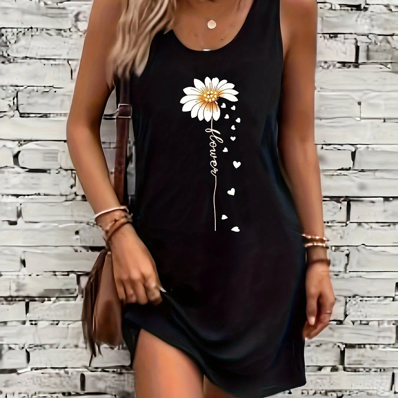Sommer schwarz sexy Kleid Damen Sonnenblumen-Druck lässig schmale Passform ärmelloses Rundhals-T-Shirt-Minikleid