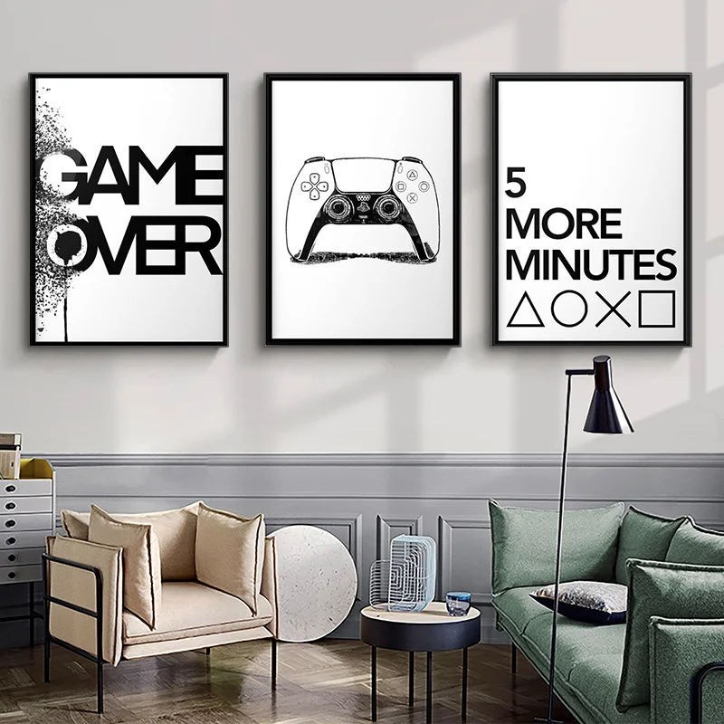 Black and White Earphone Gamepad Canvas Painting Boys Game Illustration Poster Wall Art Picture for Gamer Kids Room Decoration