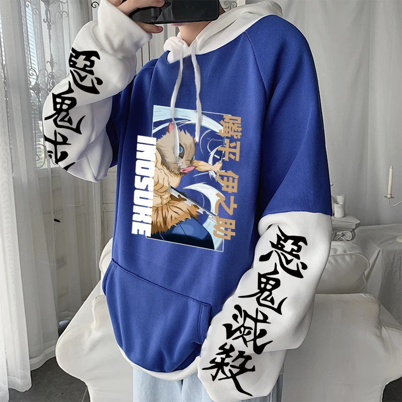 Demon Slayer Anime Harajuku Men Women Patchwork Winter Hoodies Kimetsu no Yaiba Cool Inosuke Hashibira Plus Size Sweatshirts