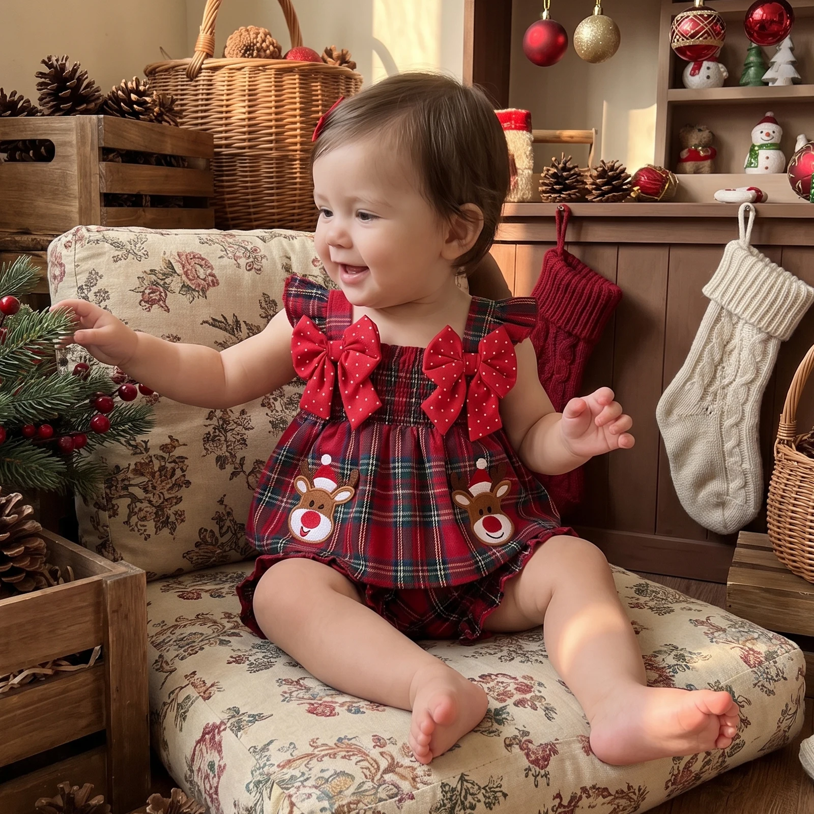 Toddler Girls Christmas Outfit Flying Sleeve Plaid Bow Tank Shirt Tops Shorts Set Xmas Costume