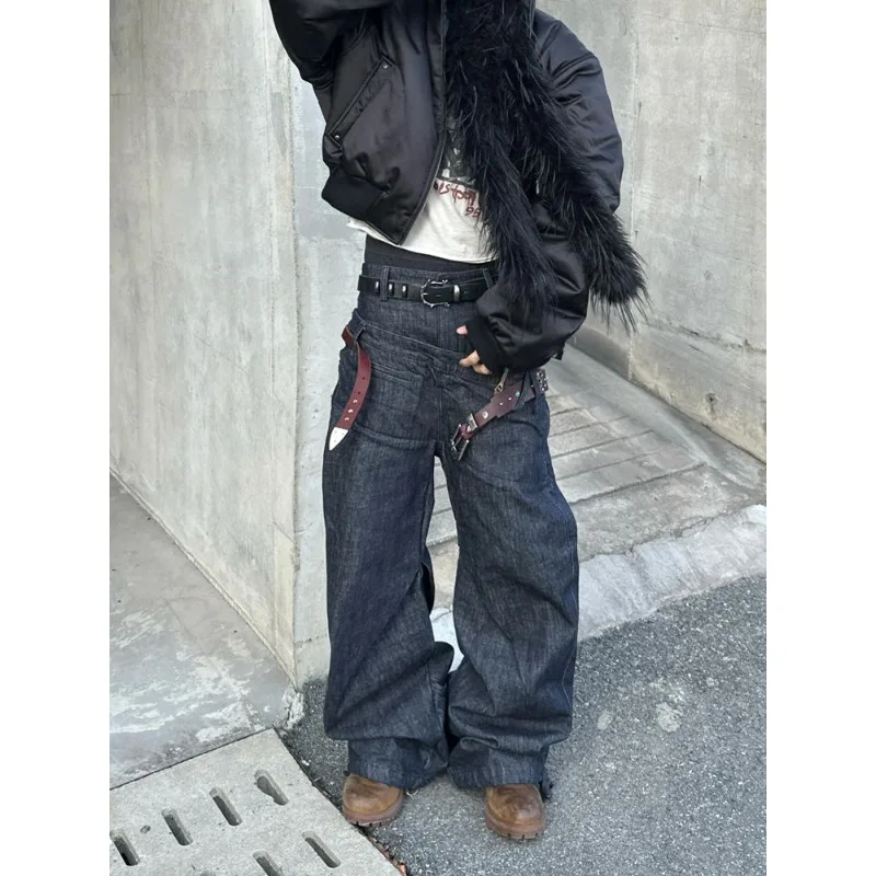 American Retro High Street Hiphop Wide Leg Jeans Women Chic Design Loose Floor-Length High Waist Individual Trendy Denim Pants