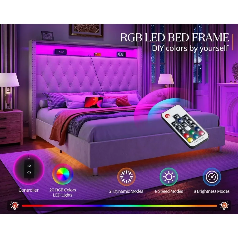 LED King size Bed Frame with Charging Station, Velvet Tall Upholstered Platform Beds with Wing back Headboard, King Bed Frame